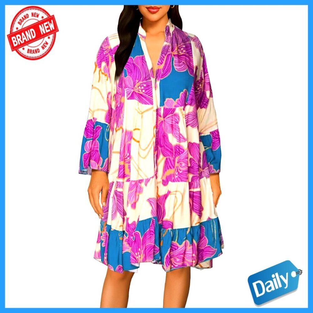 Floral Print Button Down Shirt Dress Long Sleeve Mini Midi Casual Work - Picture 1 of 6